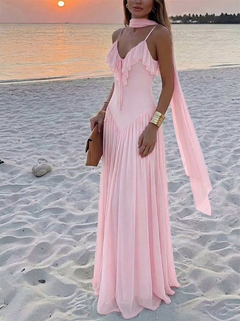 Pink Elegant Women's Ruffle Collar Fitted Waist Maxi Dress